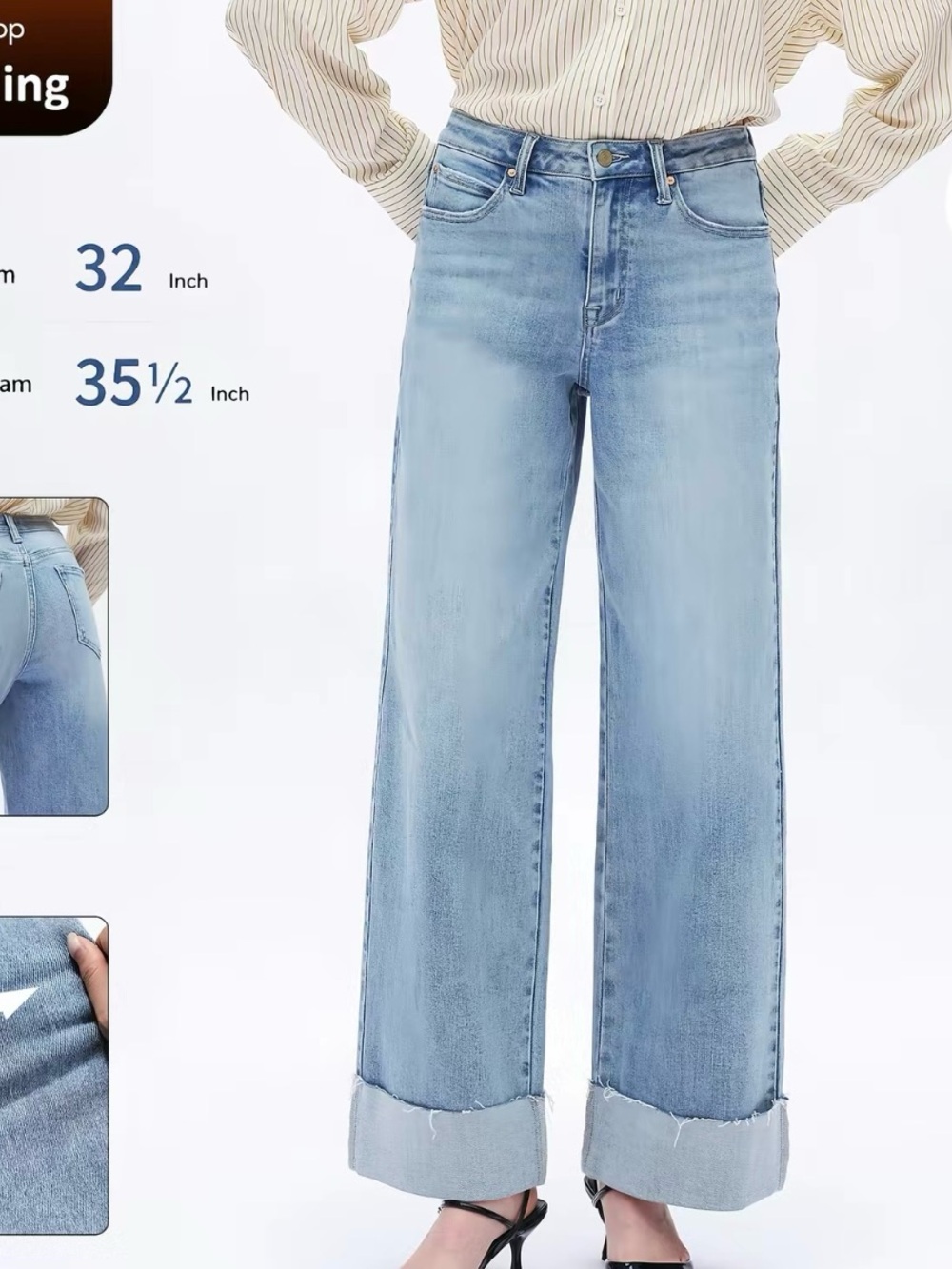 DOSSEVISU Woman Mid Rise Cuffed Wide Leg Jeans New Size 24